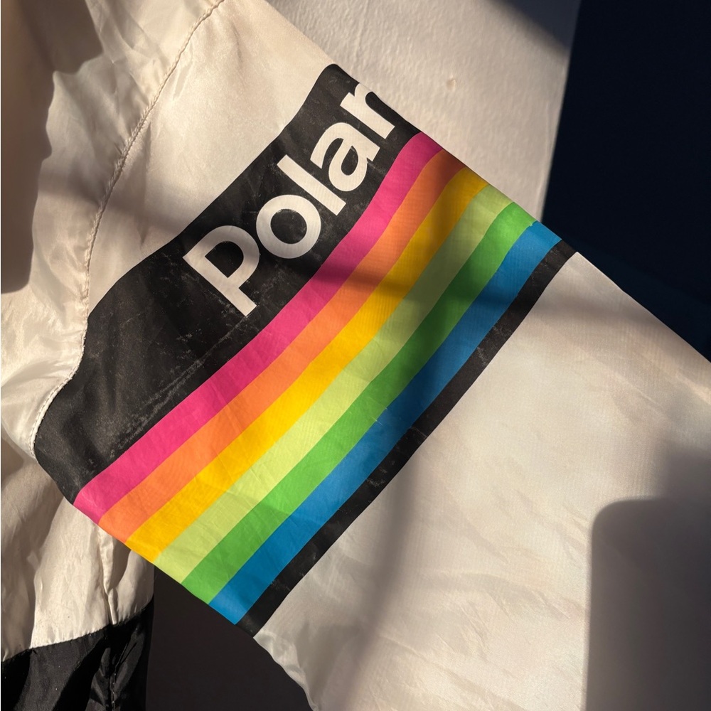 Vintage Polaroid White Jacket with Original Rainbow Stripe Logo